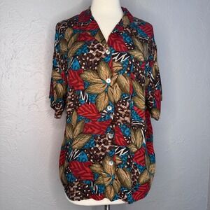 Vintage 90's Women Large Hawaiian shirt dark floral Beach party Luau pool party